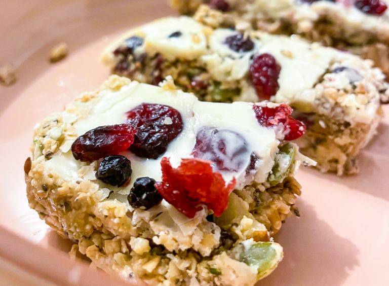 White chocolate coated berries and cream chewy bars